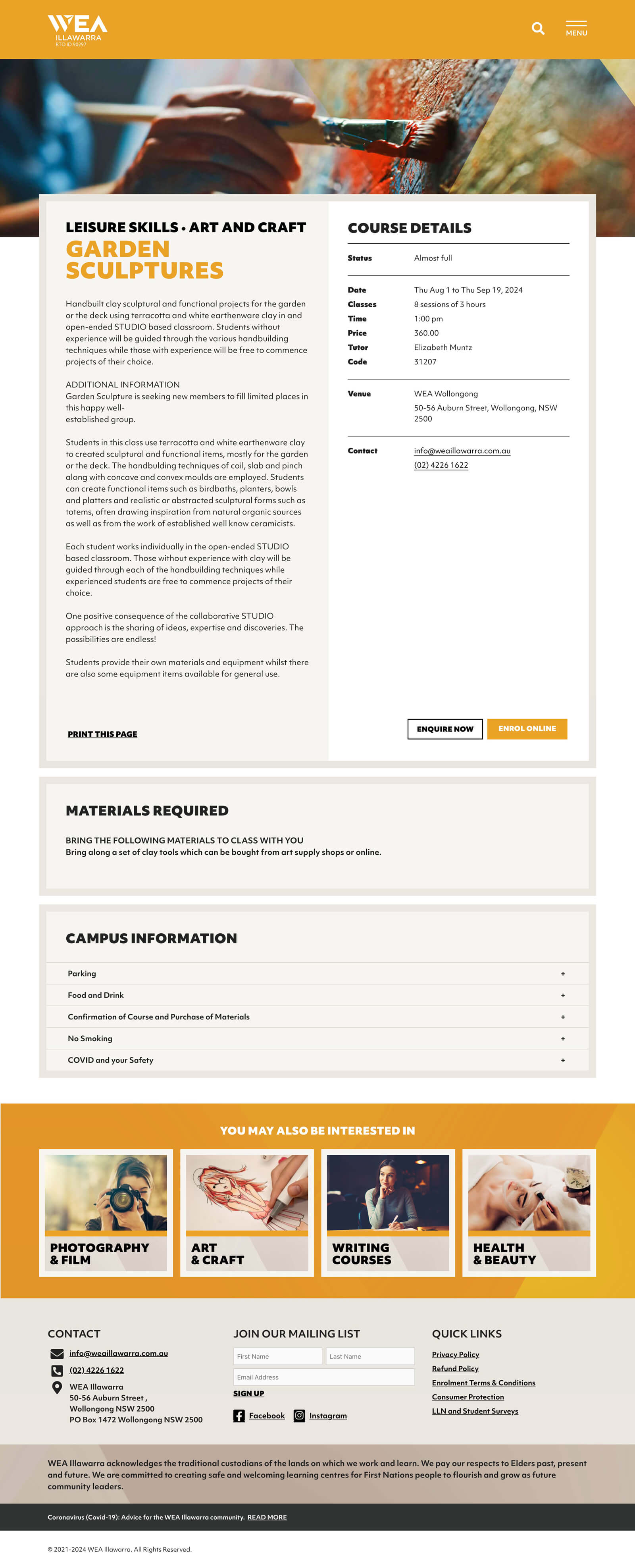 Screenshot of WEA Illawarra Garden Sculptures course details page
