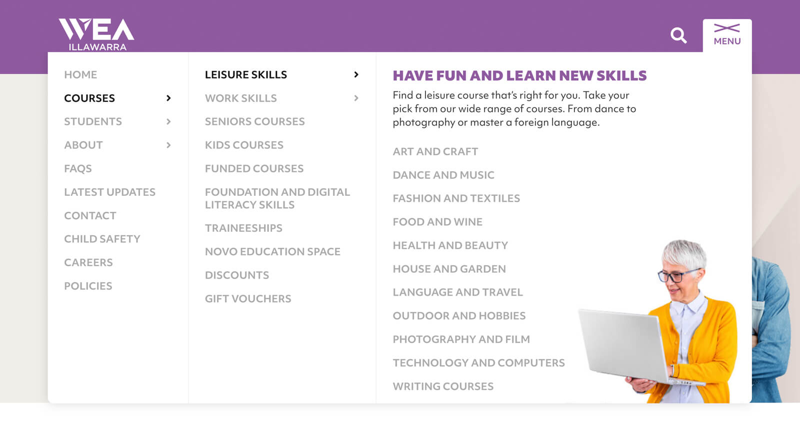 Screenshot of WEA Illawarra desktop menu