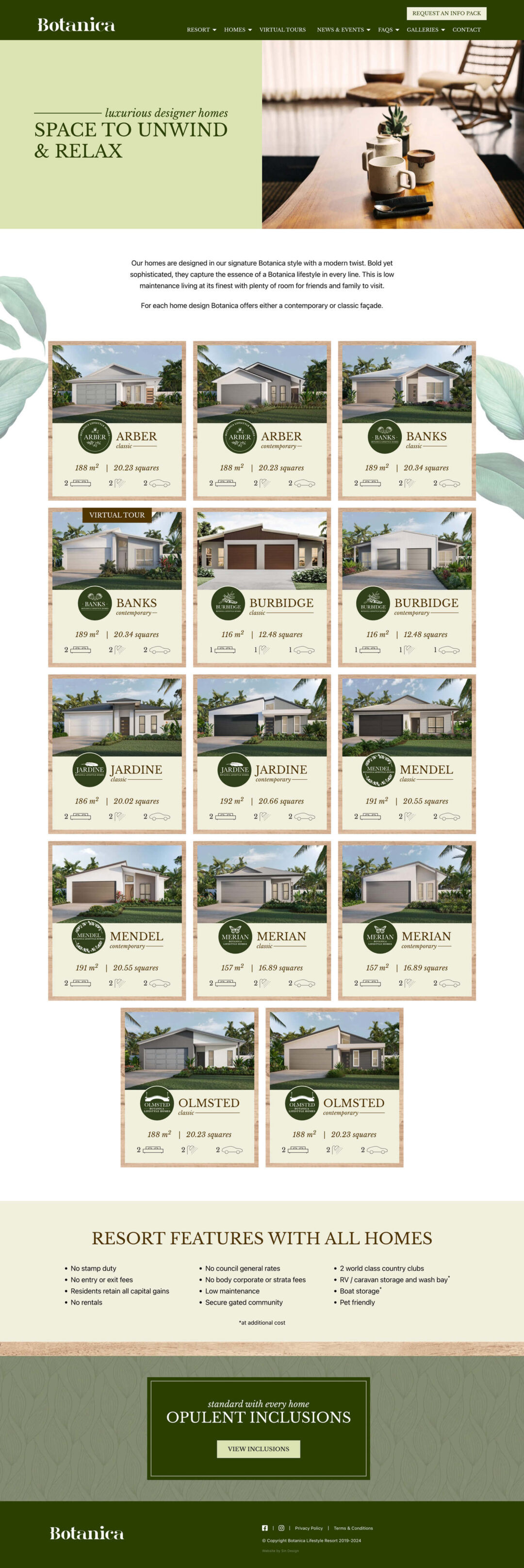 Screenshot of Botanica home designs archive page