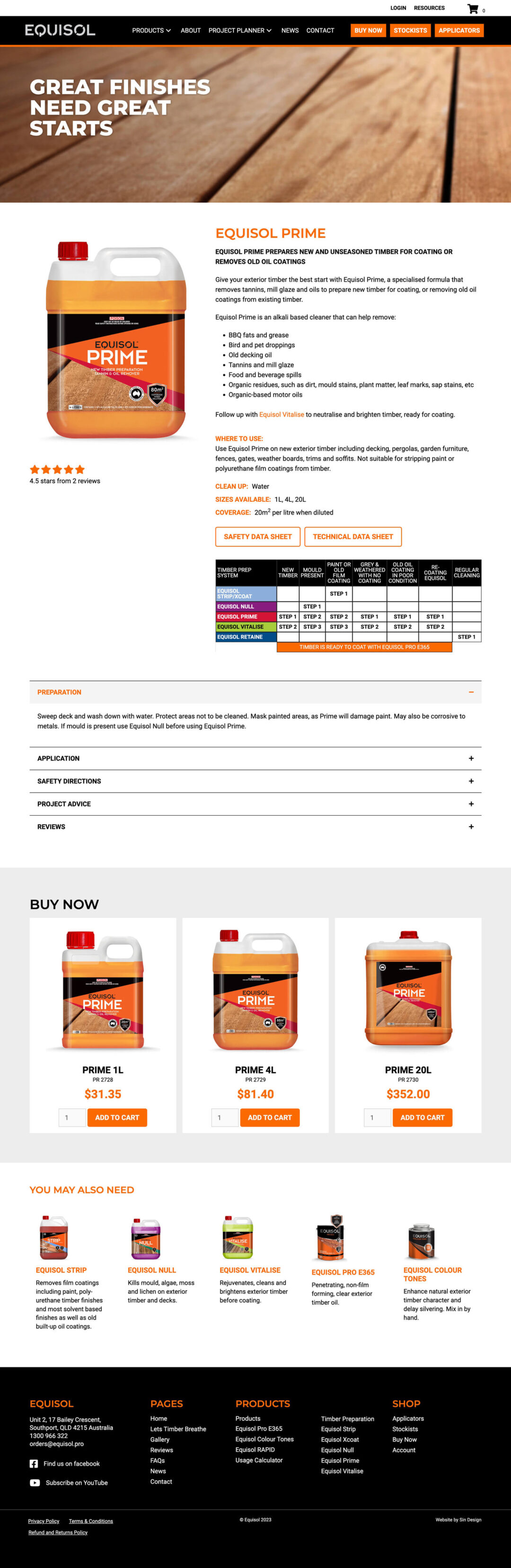 Screenshot of Equisol Prime product info page