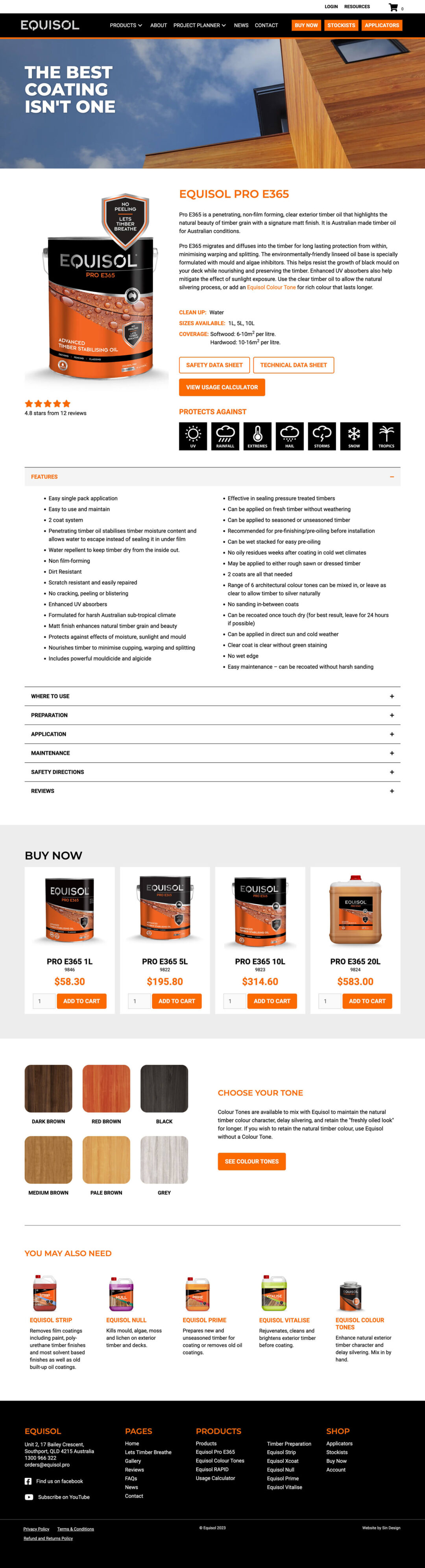 Screenshot of Equisol Pro E365 product info page